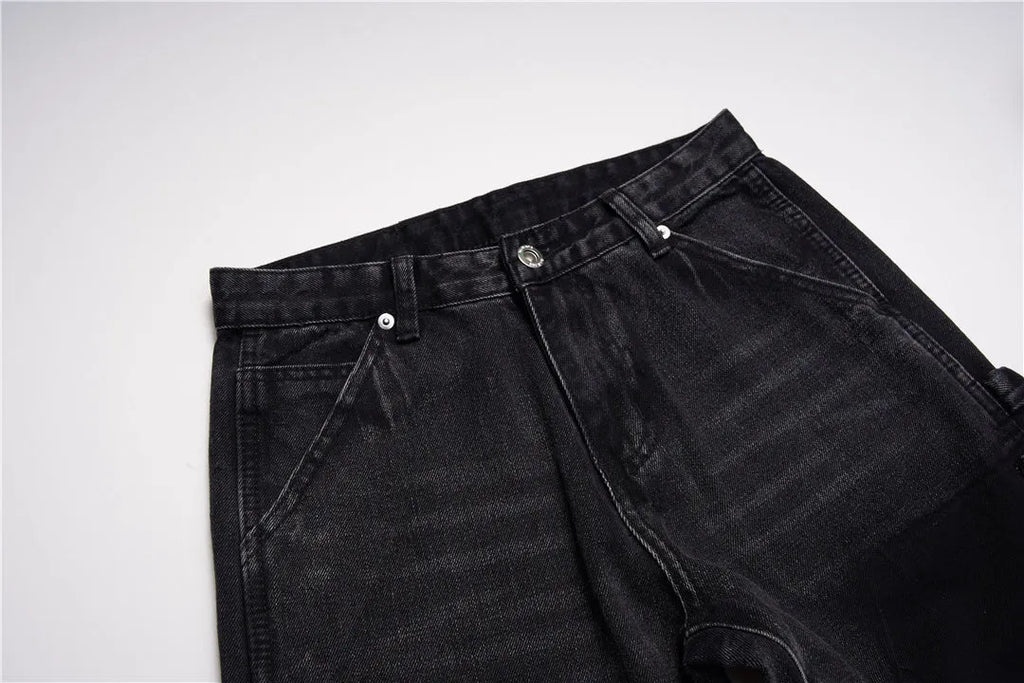 Black micro flared patchwork raw edge jeans for women, loose straight tube denim trousers