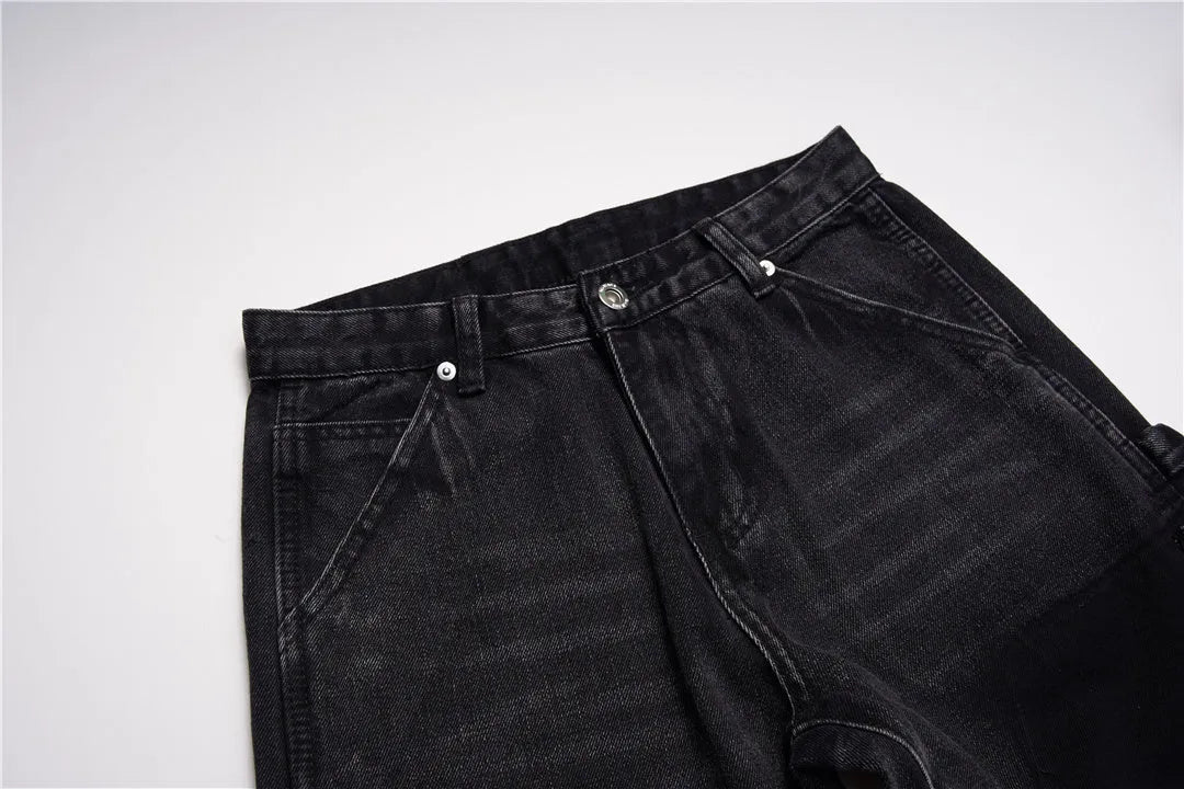 Black micro flared patchwork raw edge jeans for women, loose straight tube denim trousers