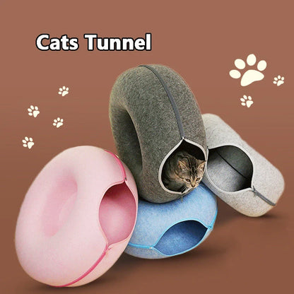 Round woolen felt cat nest with tunnel for interactive play, available in multiple colors and sizes