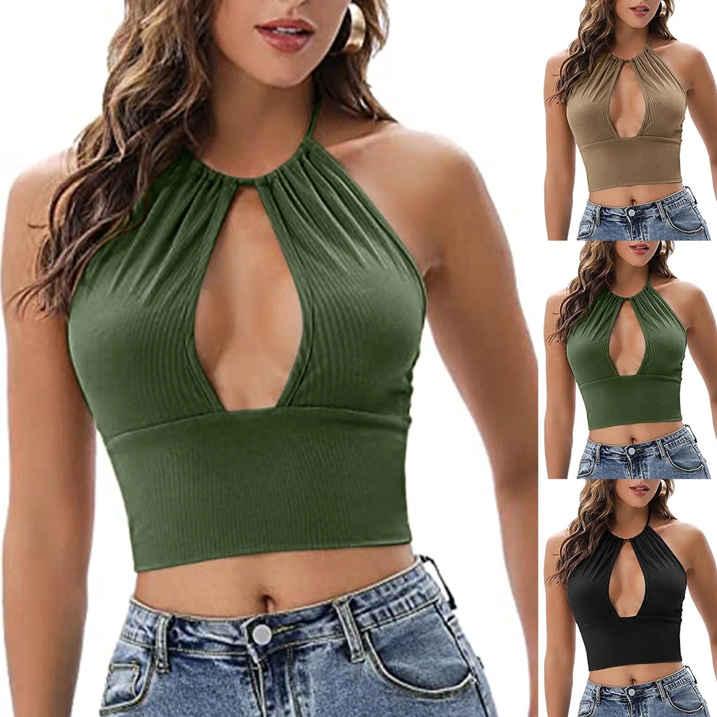 Women's summer halter vest with hollow design in green, black, and khaki