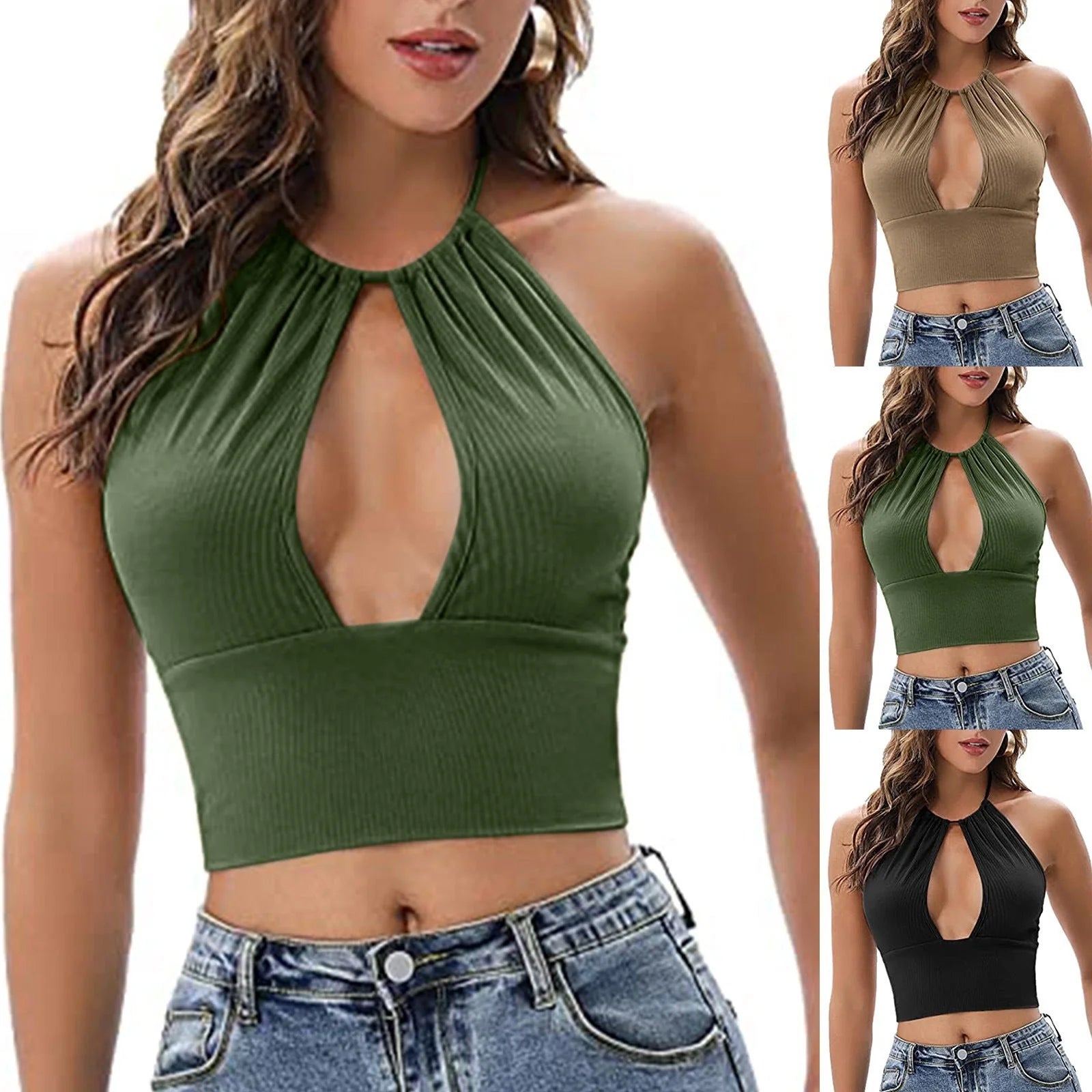 Women's summer halter vest with hollow design in green, black, and khaki