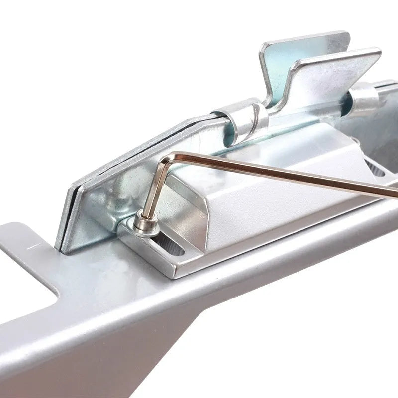 SPG stainless steel fletching jig in silver holding an arrow shaft