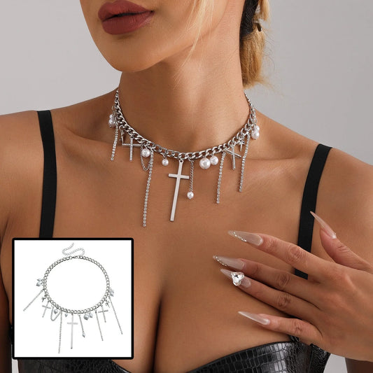 Cross Tassel Pearl Collarbone Chain Necklace in ZW1941 colour