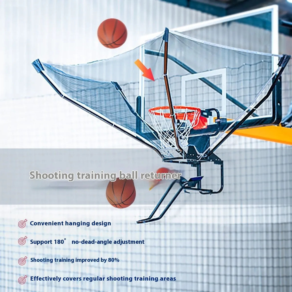 Basketball automatic ball return training machine hanging from basketball hoop