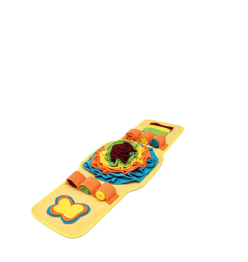 Blue and yellow watch-style pet sniff mat with fleece strips for slow feeding and nosework training