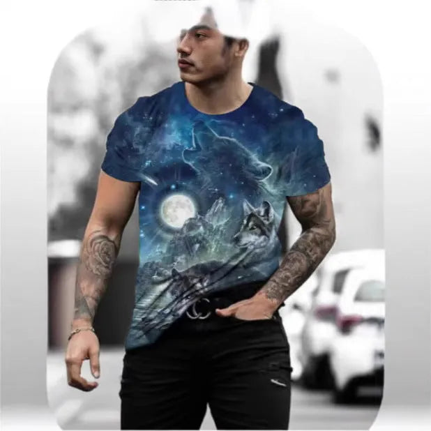 Men's grey short-sleeved T-shirt with a retro-style 3D tiger print on the front.