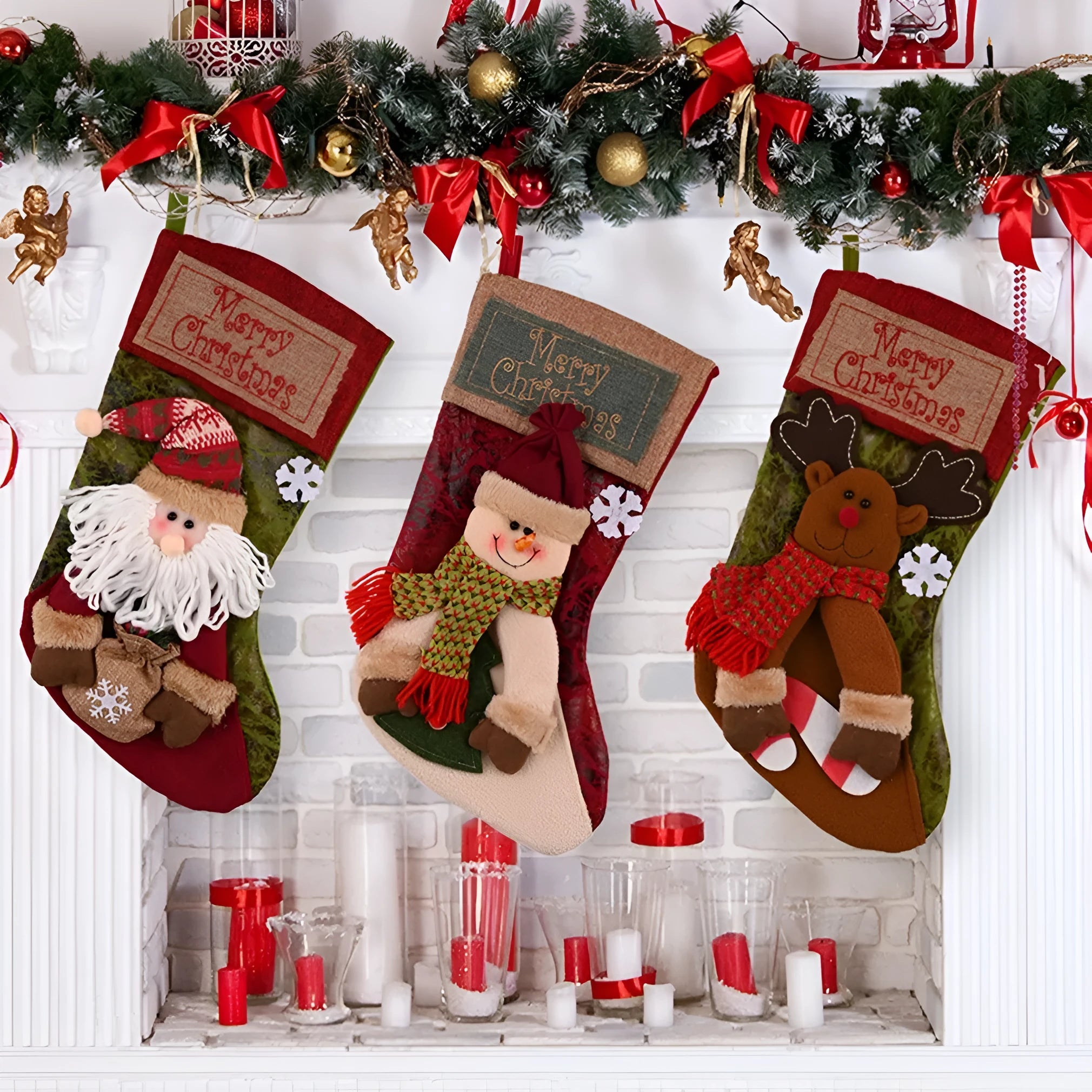 Handmade red and white Christmas stocking with 3D applique snowman design and a sturdy hanging loop.