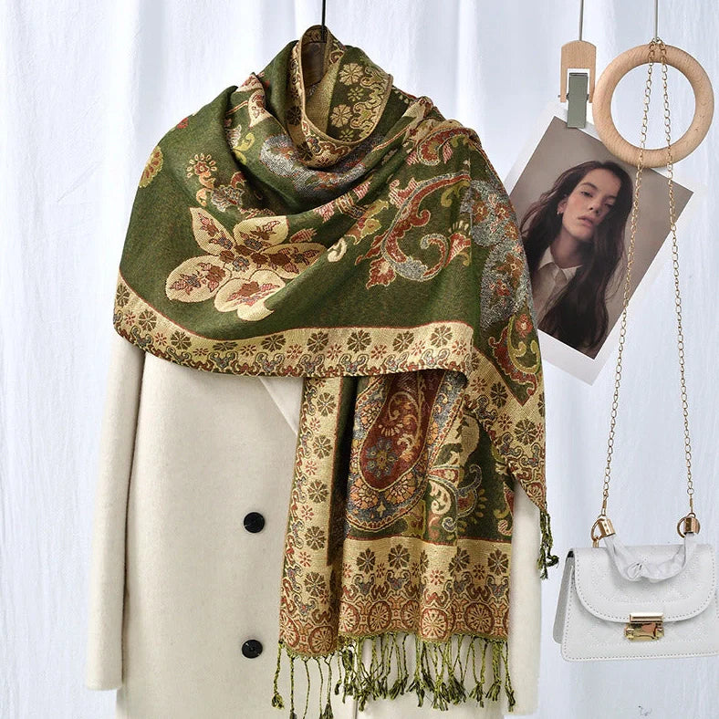 Cashew pattern tassel scarf measuring 176cm long with burgundy colour and ethnic styling