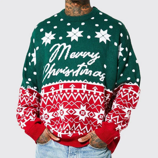 Men's knitted jacquard pullover sweater in green and white colors, featuring a loose, round-neck design for comfortable wear during autumn, winter, and Christmas seasons.