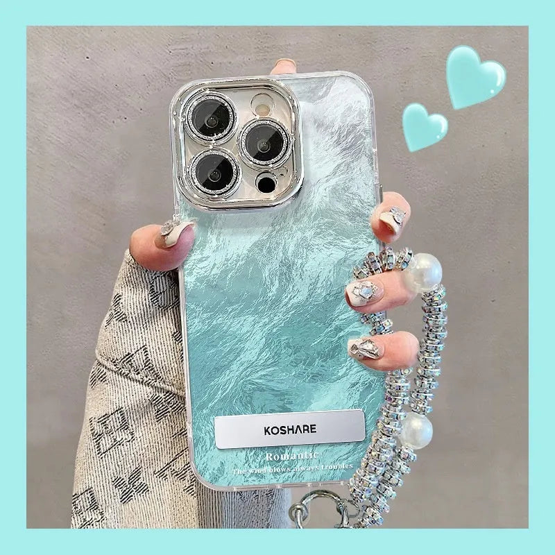 Ice blue gradient hard PC phone case with invisible bracket and silver chain for iPhone 15 Pro Max