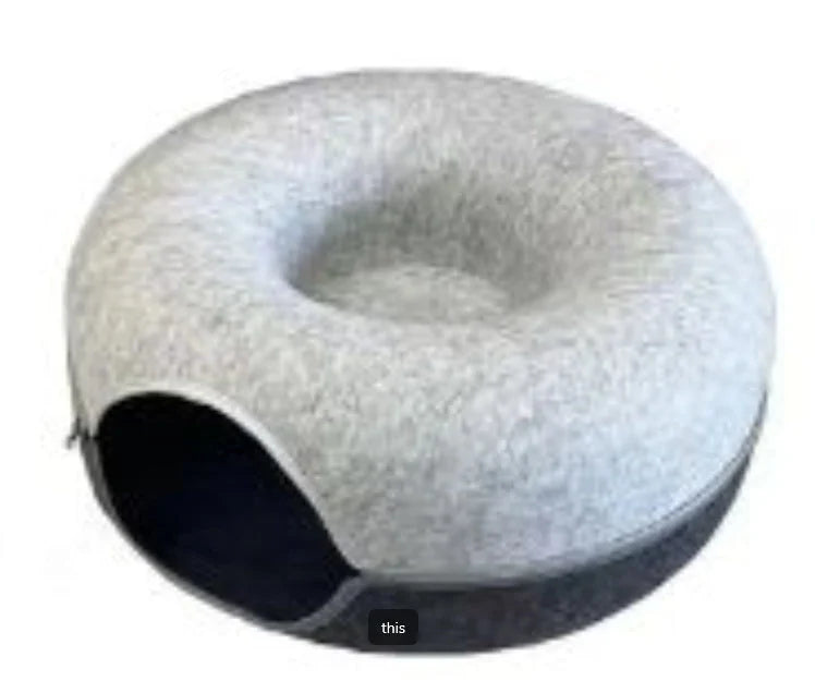 Round woolen felt cat nest with tunnel for interactive play, available in multiple colors and sizes