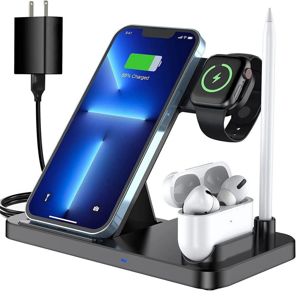Black four-in-one wireless phone charger with QC3.0 charging head for multiple device charging