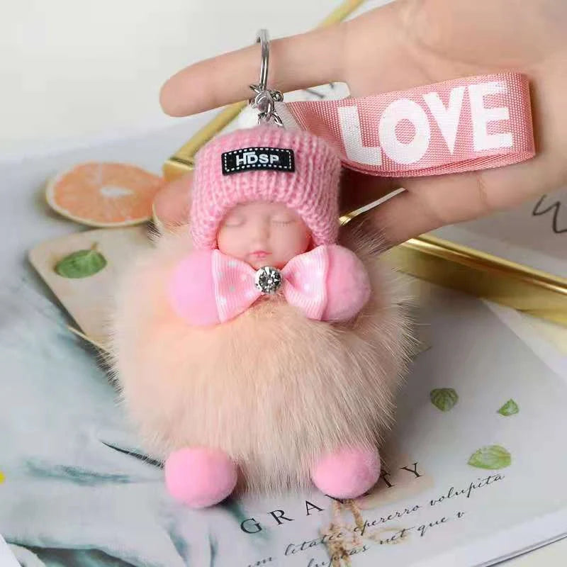 Hand-woven fox fur sleeping doll plush keychain pendant with or without bow