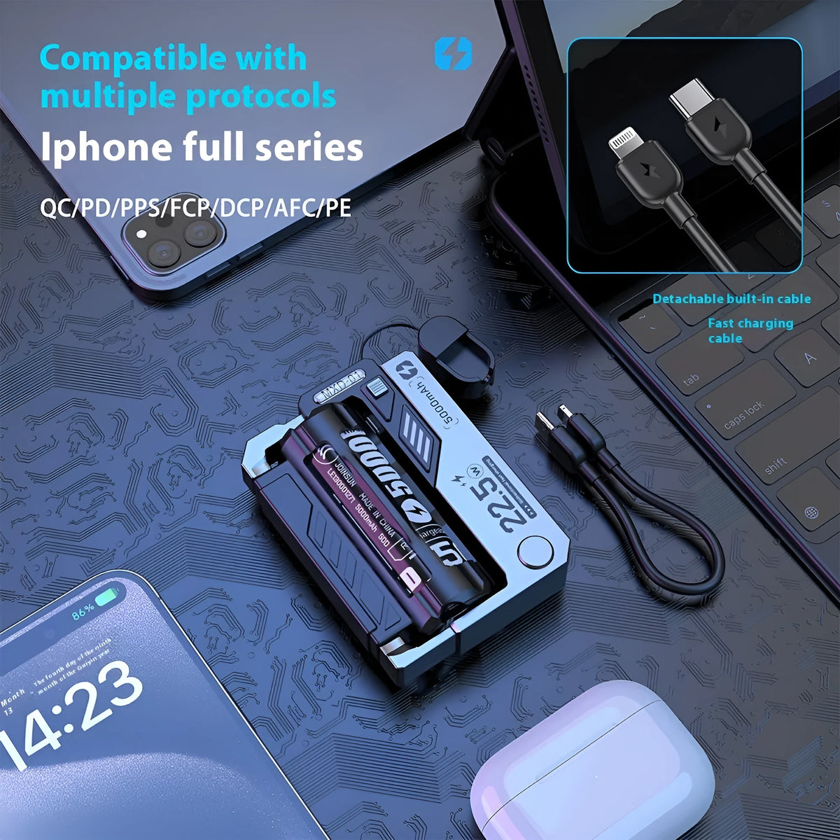 Tactical Mech USB-C power bank in Mecha Gray with cartridge replacement batteries showing front and side view