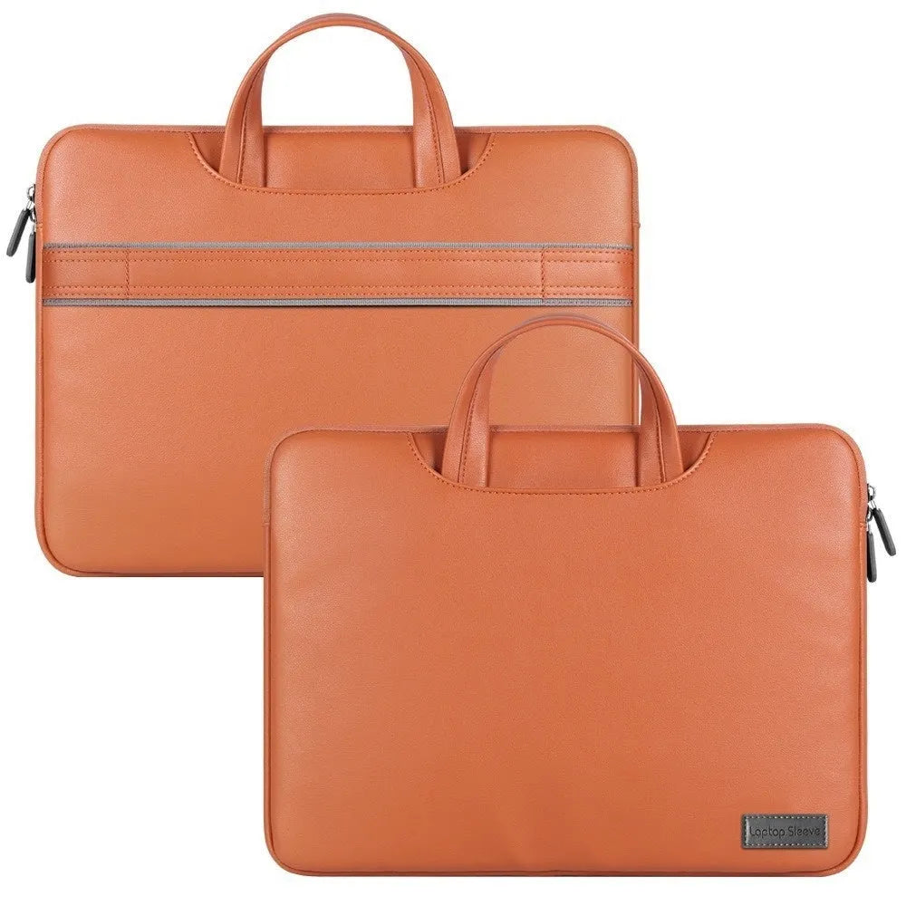 Black PU leather laptop bag with integrated power bank for a 15-inch notebook.