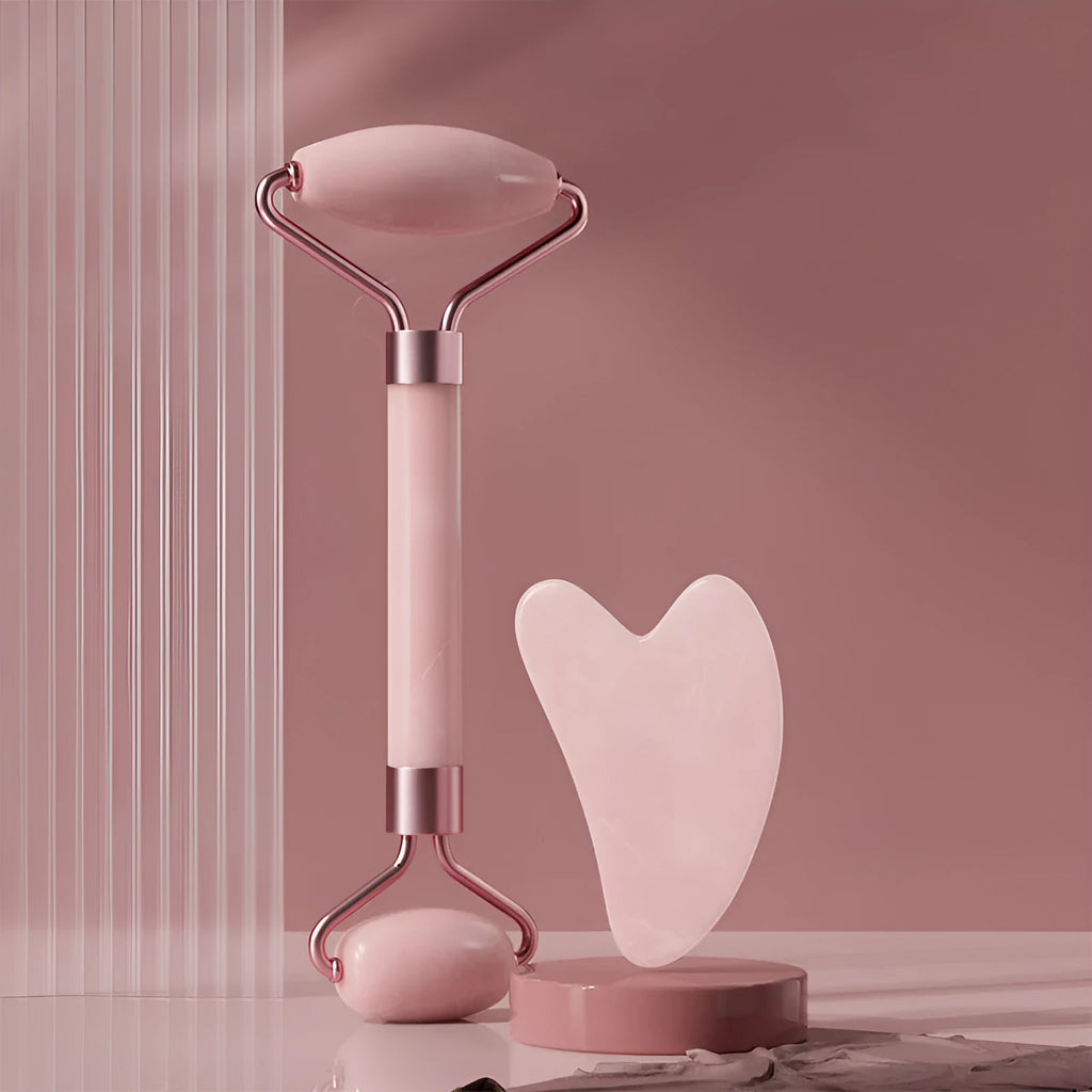 Scraping roll massager set with pink double-headed roller and scraping board for facial muscle relaxation