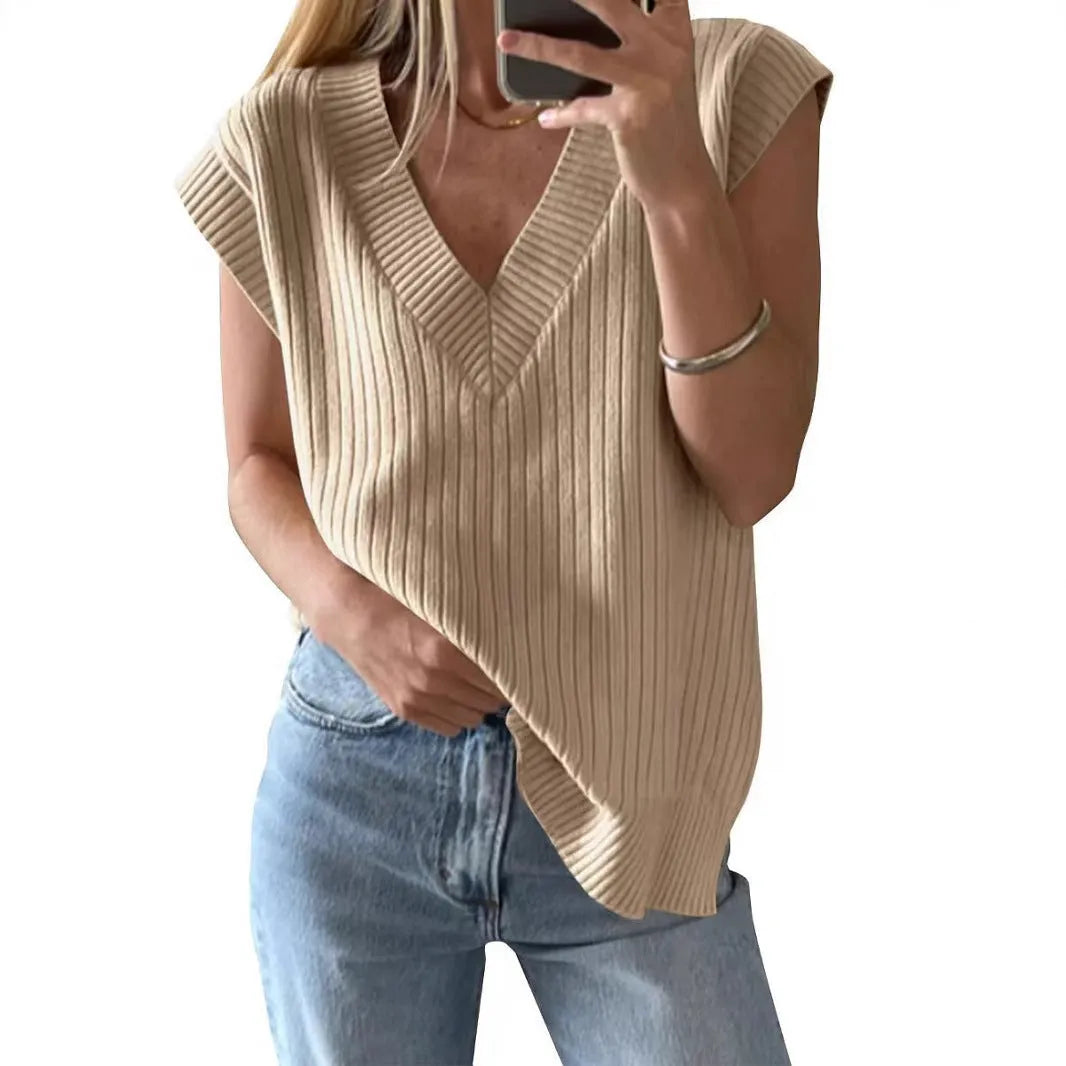 Camel colour V-neck sleeveless loose fit vest with stripe pattern on a hanger