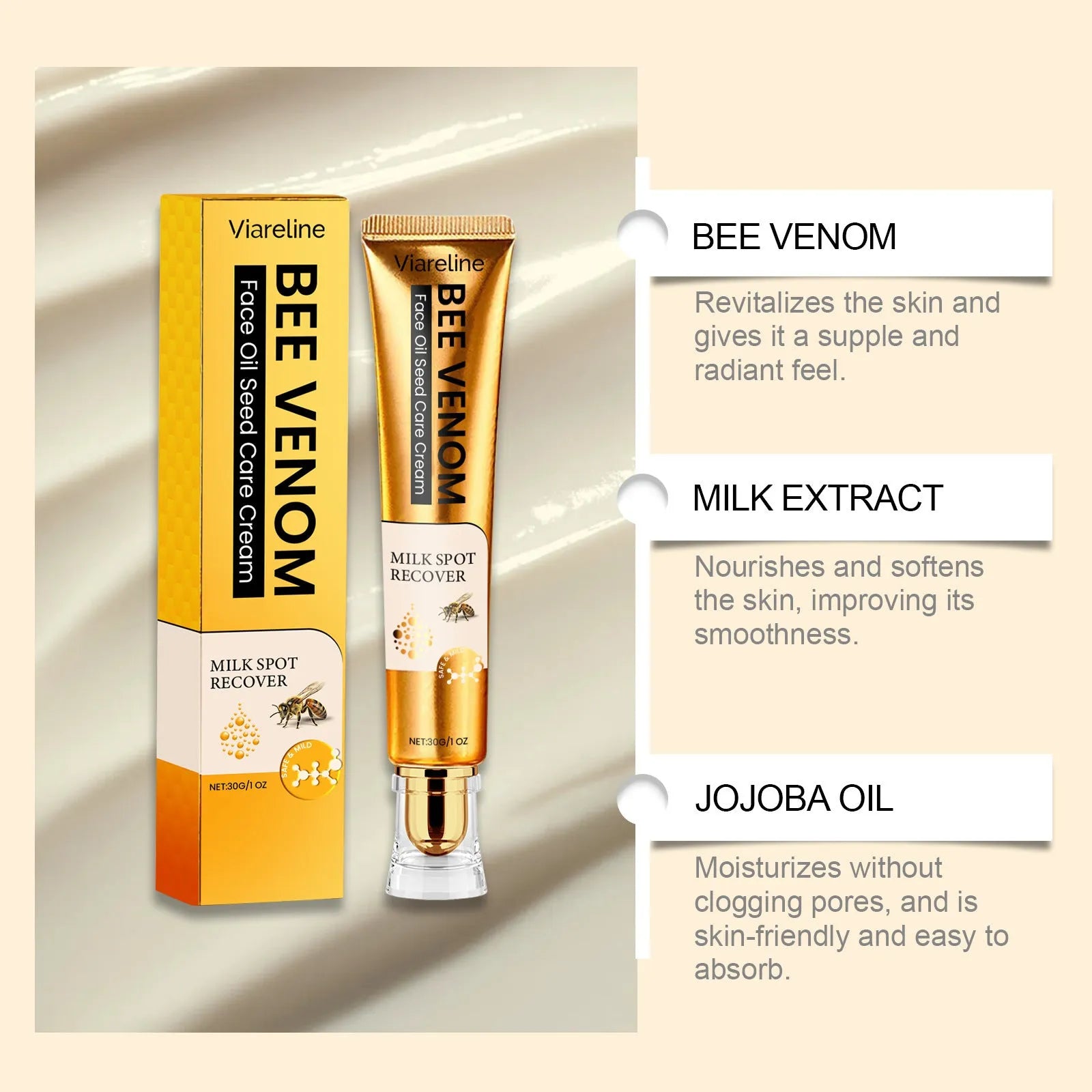 30g jar of facial and neck hydrating cream with bee venom and jojoba oil formulation
