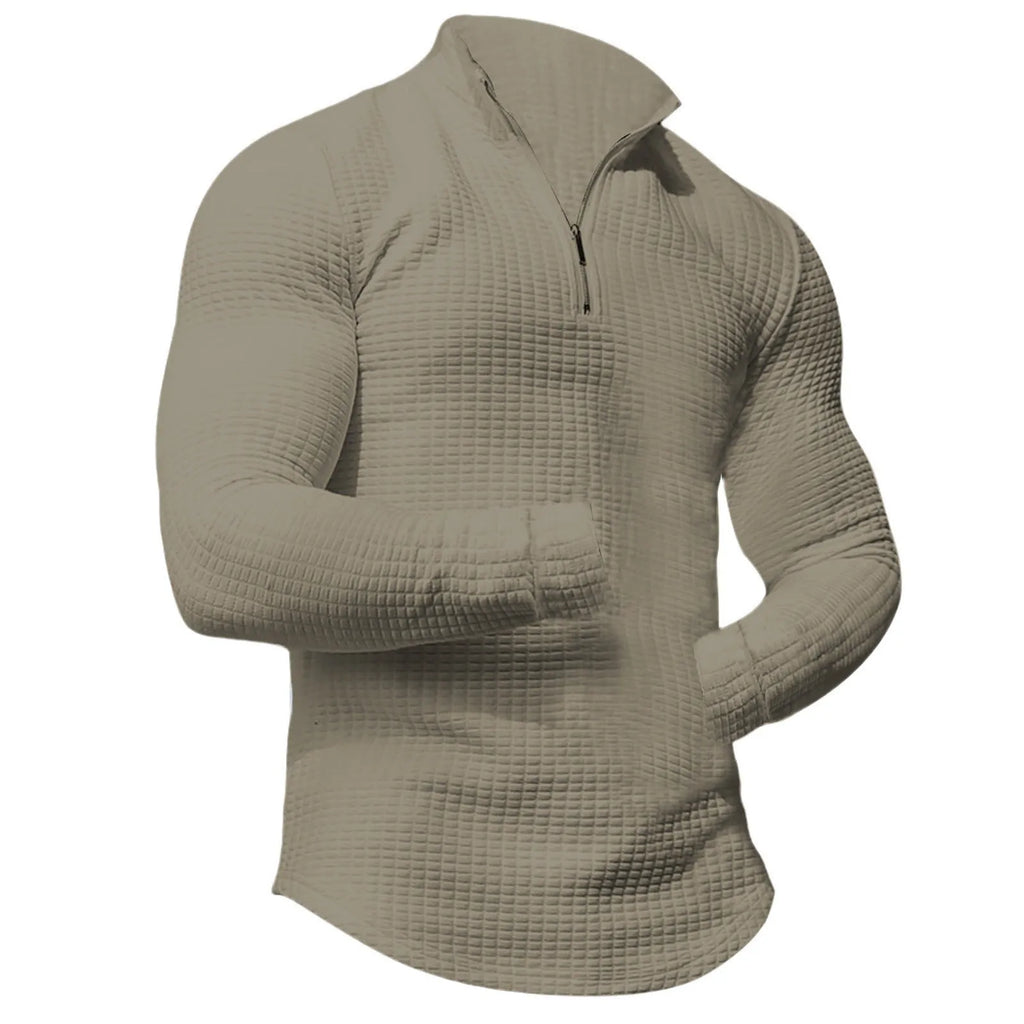 Men's stand collar half zip sweater in plaid pattern, polyester long sleeve, available in seven colours