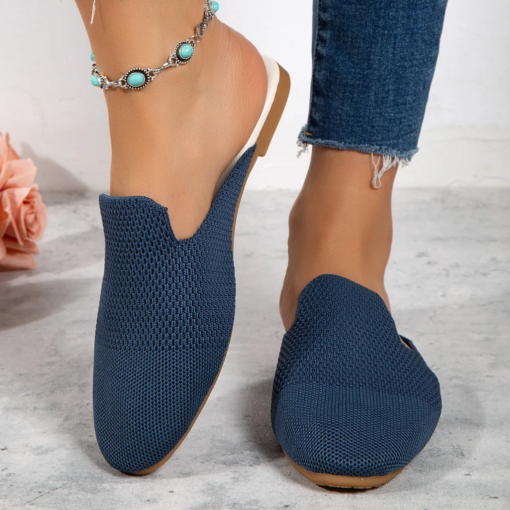 Apricot-coloured casual mesh slip-on sandals with a cloth upper and flat rubber sole.
