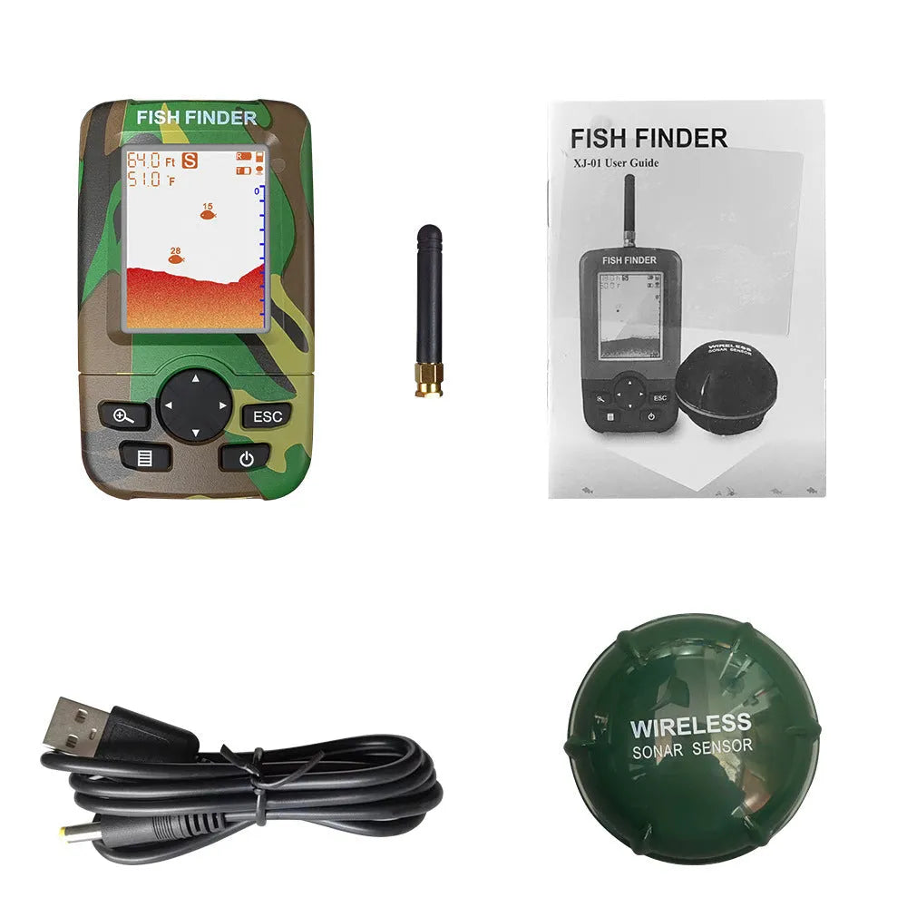 Smart wireless fish finder with 0.6-73m depth range and English interface in camouflage style