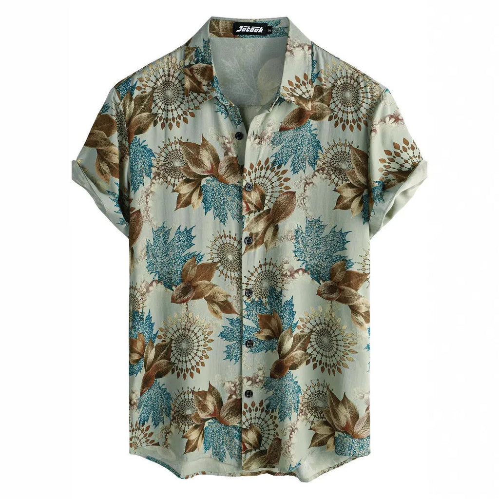 Hawaiian floral print short sleeve shirt with lapel collar in elastic polyester fabric.
