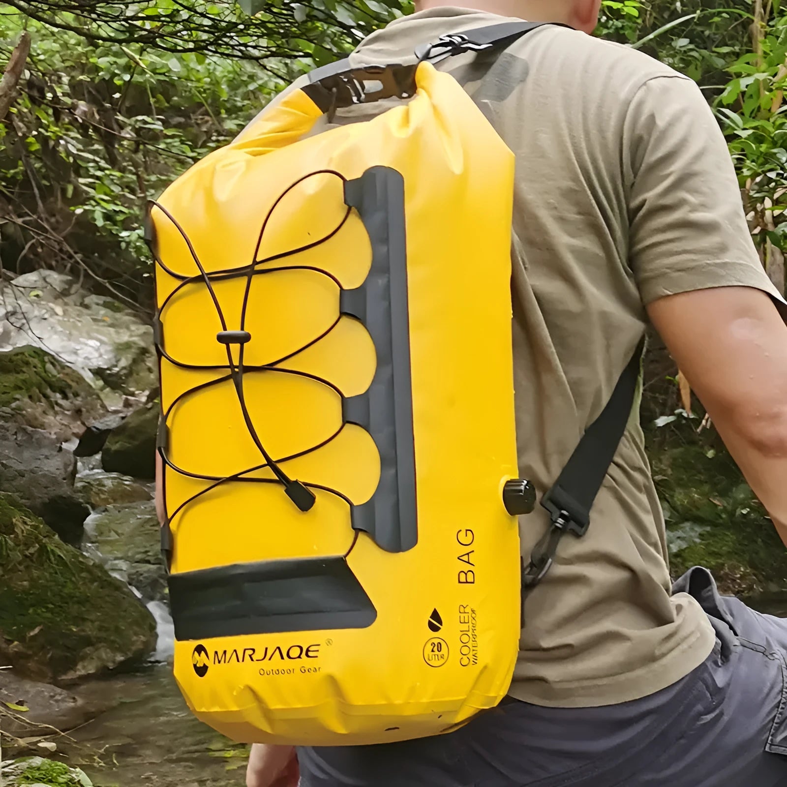 Yellow and black 20L waterproof thermal dry bag backpack with dry-wet separation compartments