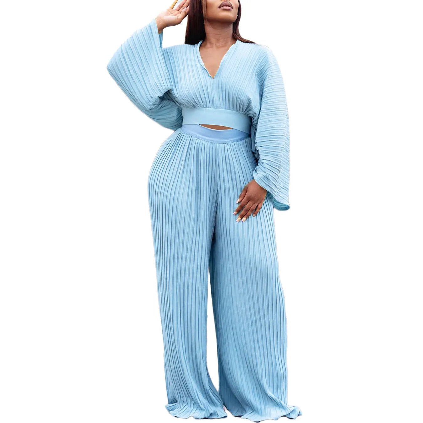Women's African suit two-piece set with batwing sleeves and wide leg trousers in red or blue