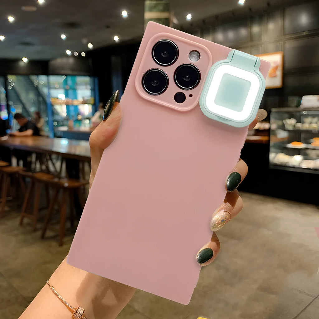 Ring flashing mobile phone case for iPhone 13 in solid colour with integrated selfie light.