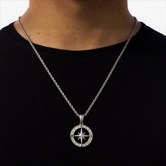 Stainless steel compass circular necklace with electroplated finish in gold and steel options