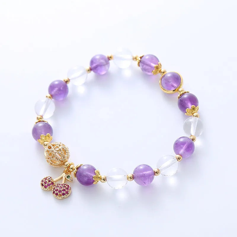 Purple amethyst crystal bracelet with micro-inlaid cherry flower design for women