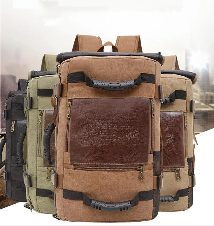 Men's canvas backpack with multiple pockets for travel and school