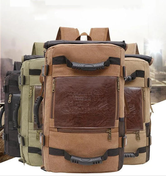 Men's canvas backpack with multiple pockets for travel and school