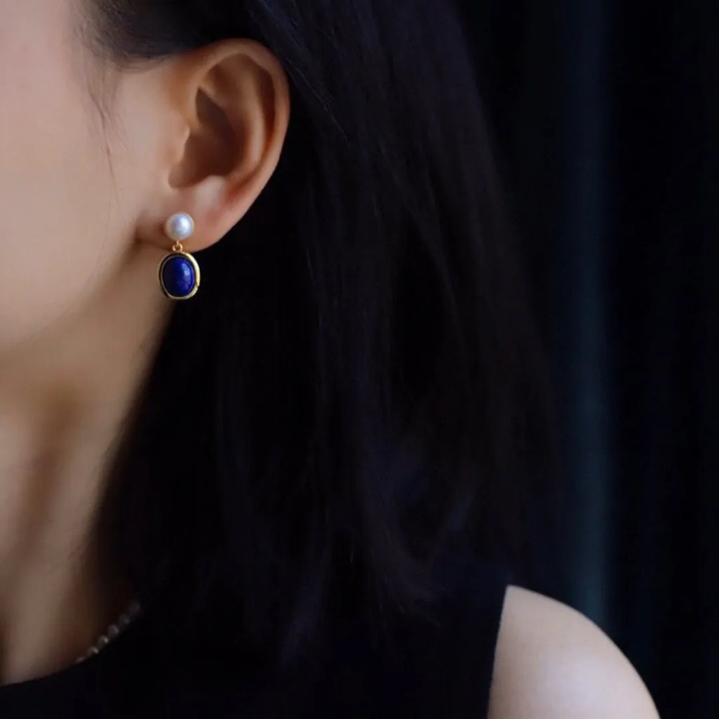 Natural lapis lazuli pearl earrings in sterling silver with auspicious patterns.