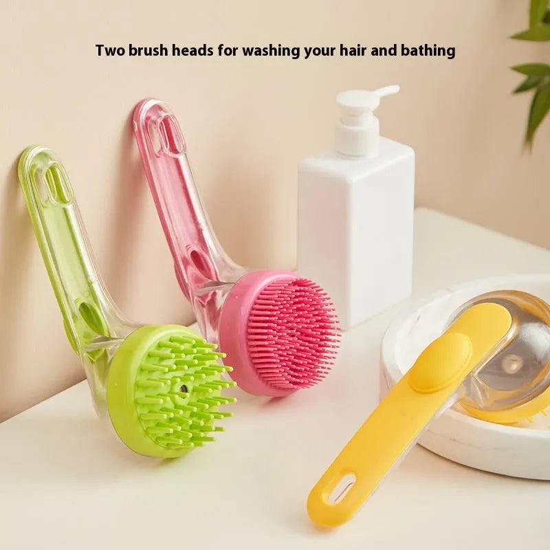 Long handle pet bath brush with shampoo container in yellow on white background