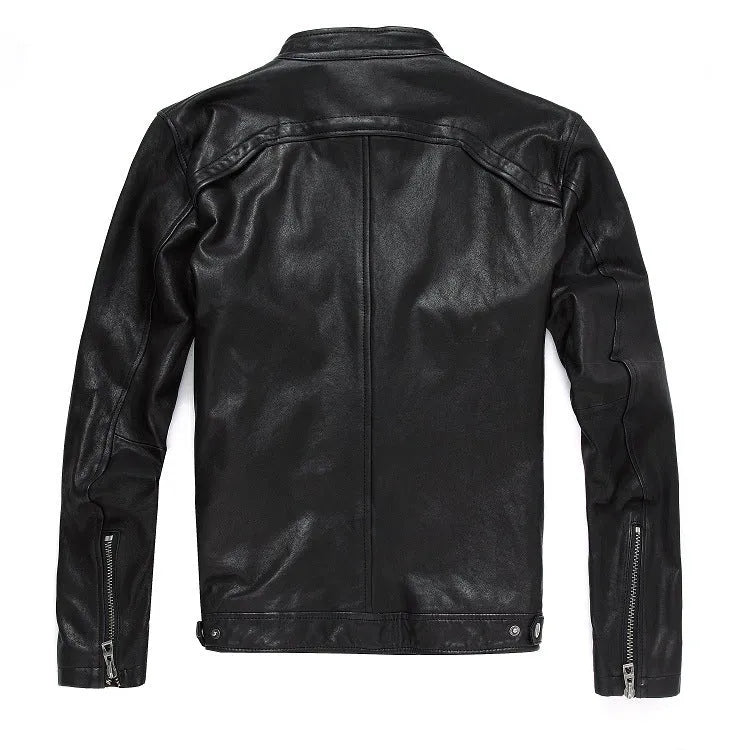 Men's genuine leather slim-fit motorcycle jacket in black cowhide, zipper closure, front view