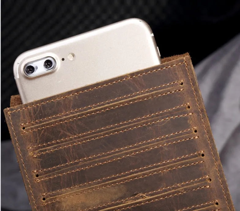 Men's cowhide card wallet with multiple slots shown open, displaying card and phone compartments.