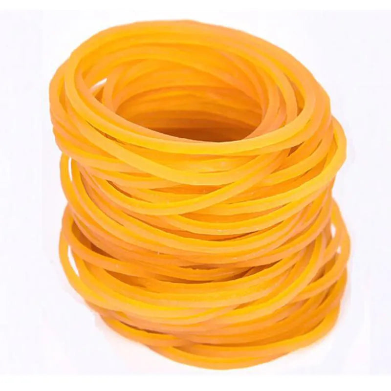 500g pack of assorted yellow rubber bands in sizes from 25mm to 70mm diameter.