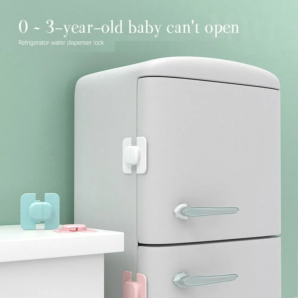 Adjustable child safety lock with strap shown securing a cabinet door using 3M adhesive