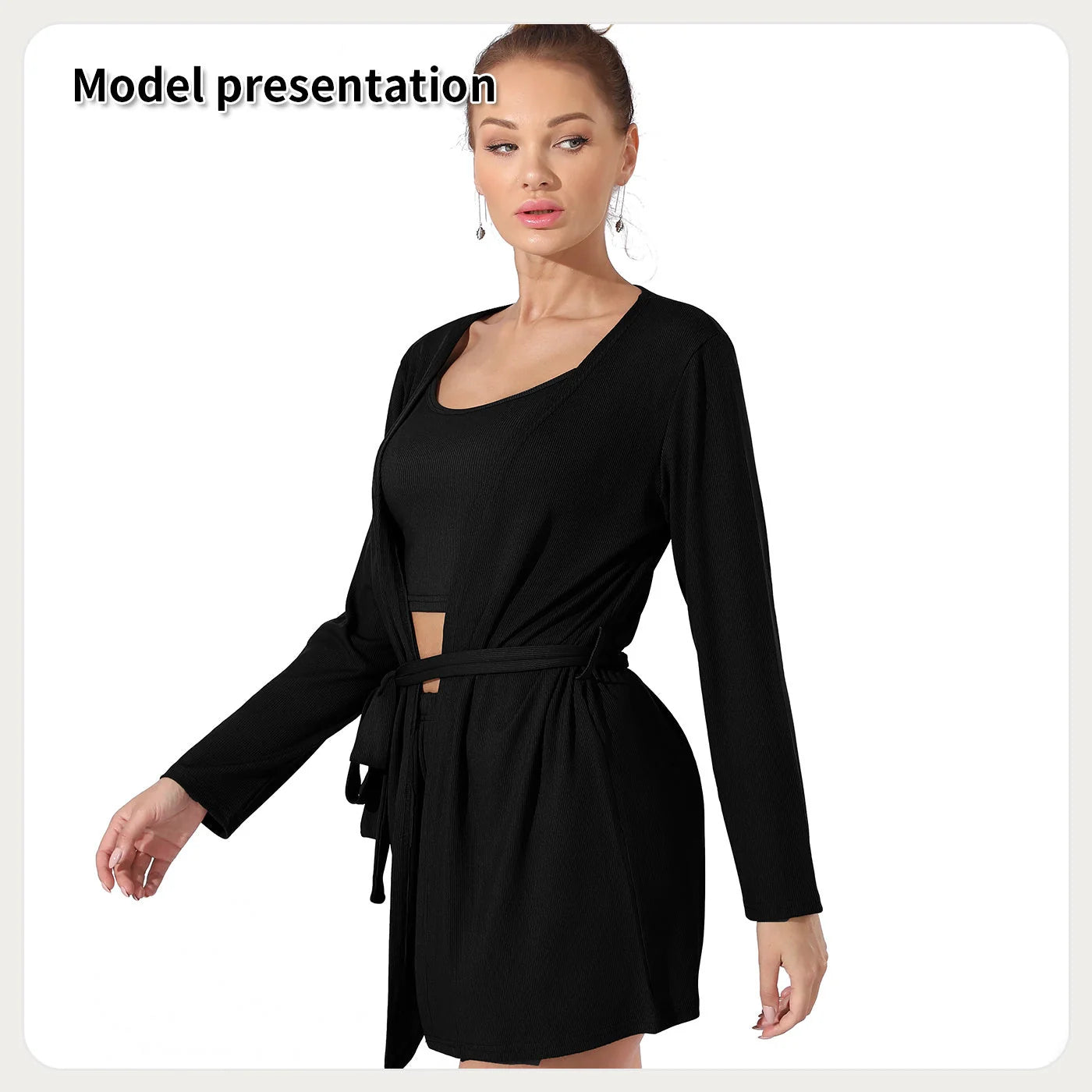 Women's solid colour suit set in Black or Coffee, includes top, shorts, and jacket