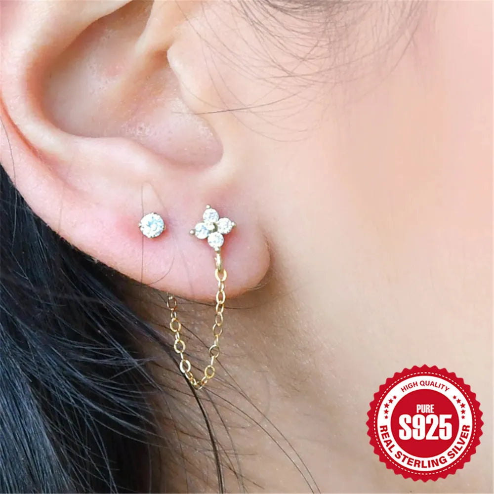 S925 sterling silver geometric earrings with flower, tassel and chain design in gold tone finish