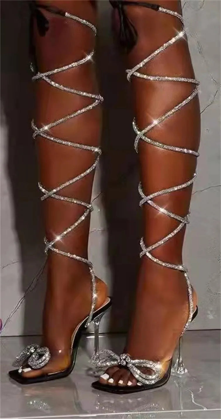Plus size black strappy sandals with Roman rhinestone straps and square toe design