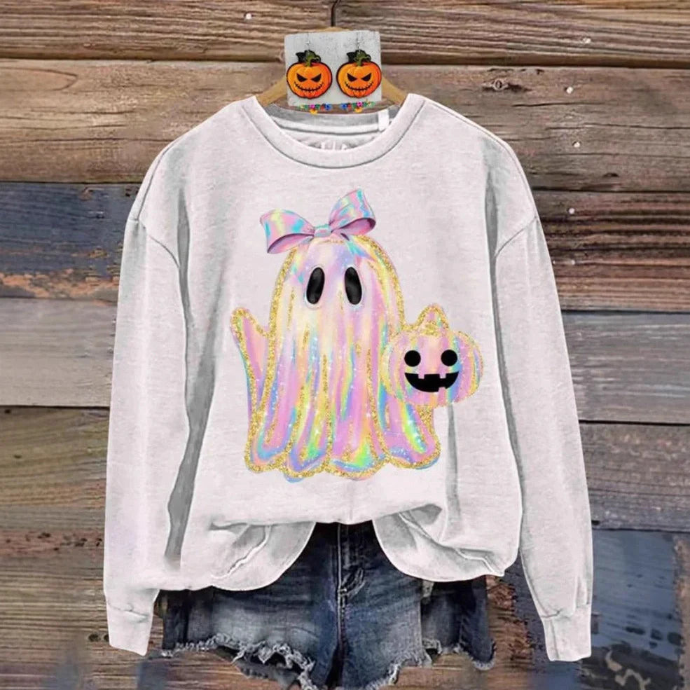 Women's grey Halloween sweatshirt with raised orange pumpkin 3D print, crew neck, long sleeves