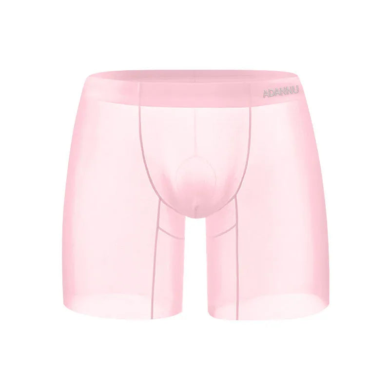 Men's ice silk boxer shorts in solid orange colour showing low-waist design and elastic waistband