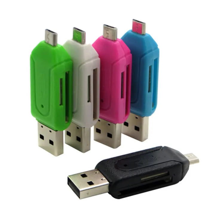White OTG card reader with micro USB plug for SD and TF memory cards next to a mobile phone.