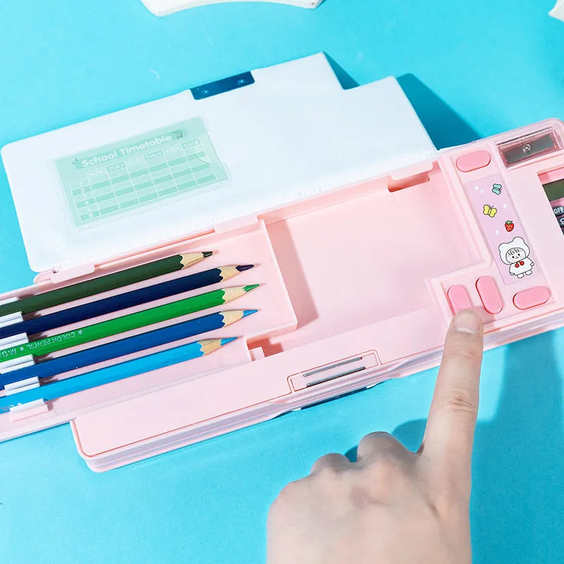 Multifunctional large capacity plastic pencil box with calculator, double-sided opening, colourful stationery storage for school