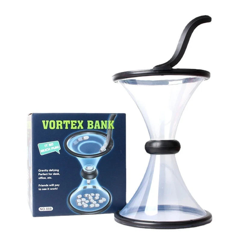 Transparent vortex piggy bank with coins spiraling down