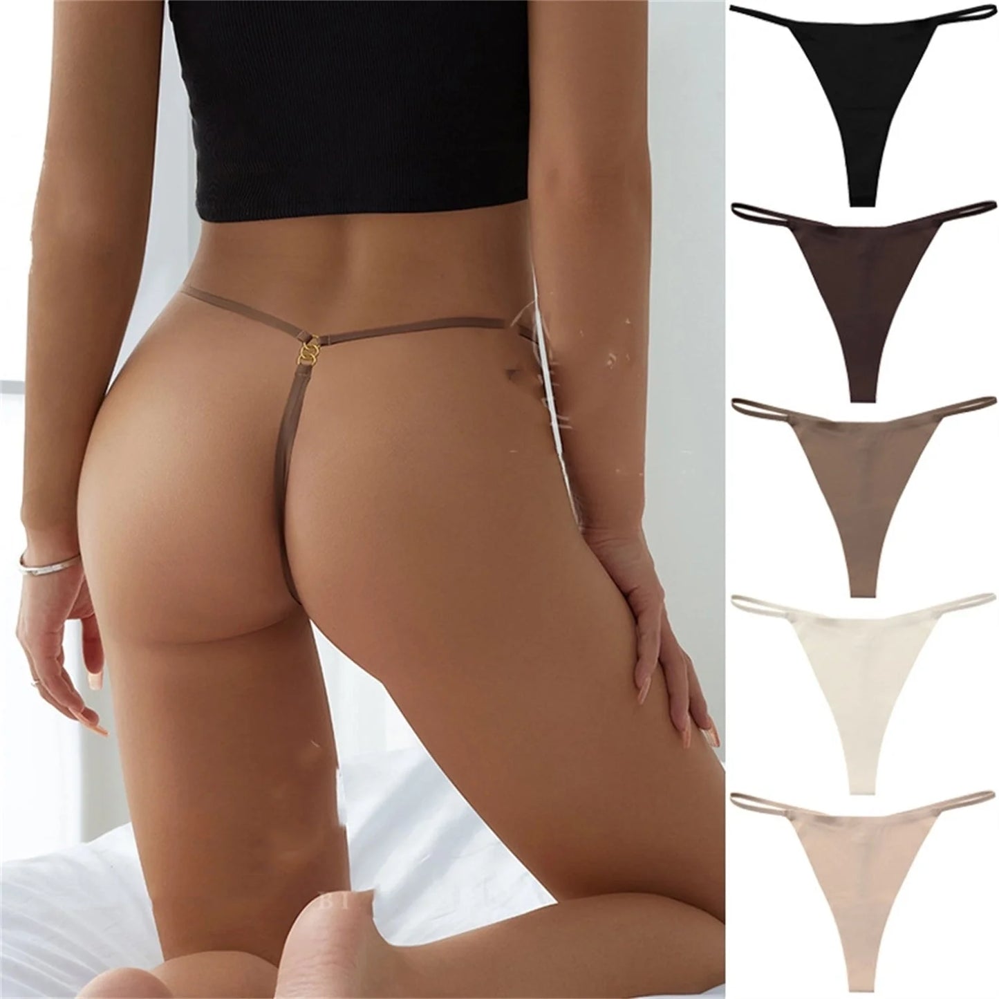 Seamless thin belt buckle T-shaped panties set for women in five colours