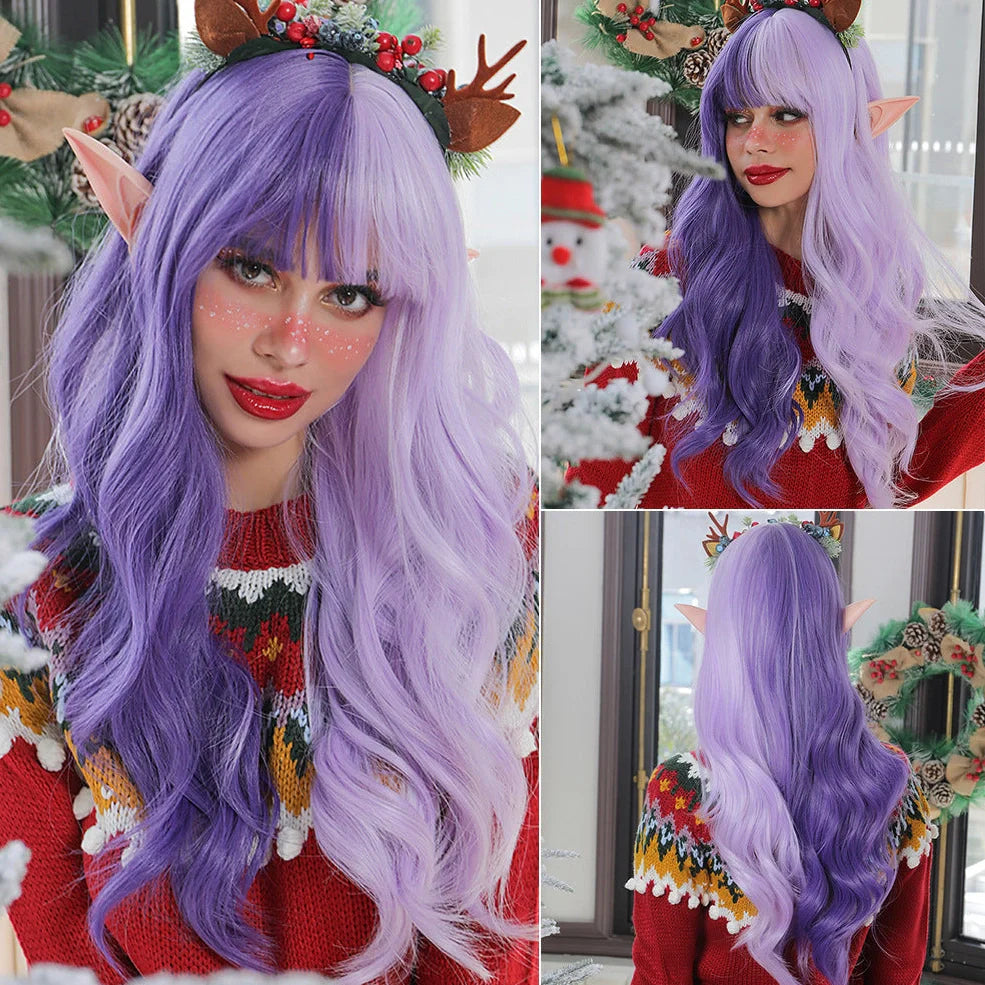 Long wave synthetic cosplay wig with Qi bangs and heat-resistant fibres