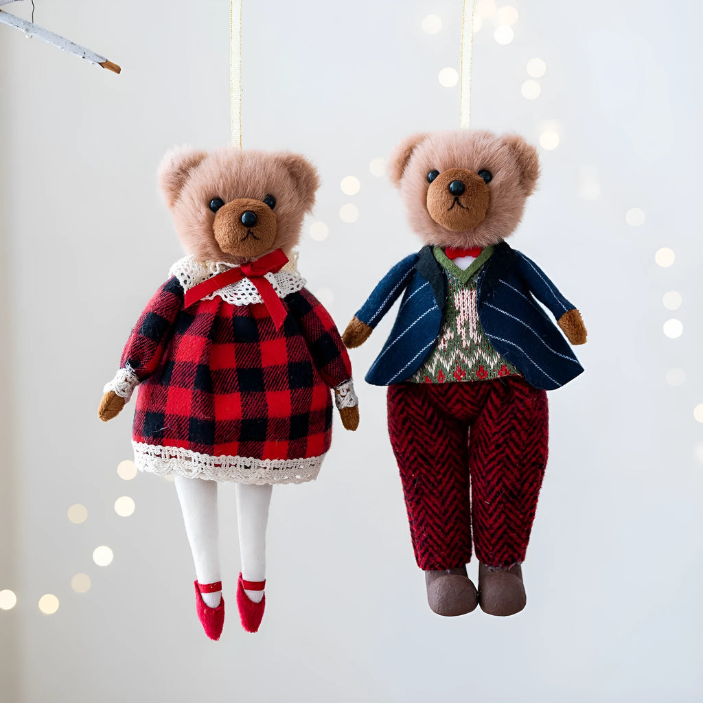 Cartoon style plush bear doll wearing cotton suit plaid, available in gentleman bear or princess bear colours